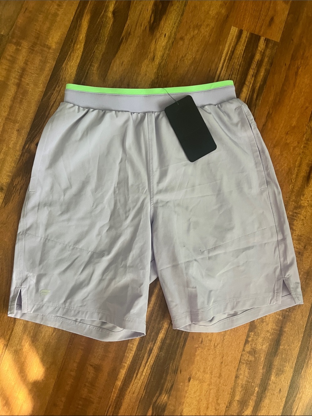 Fabletics Lavender Men's Athletic Shorts with Neon Green Waistband